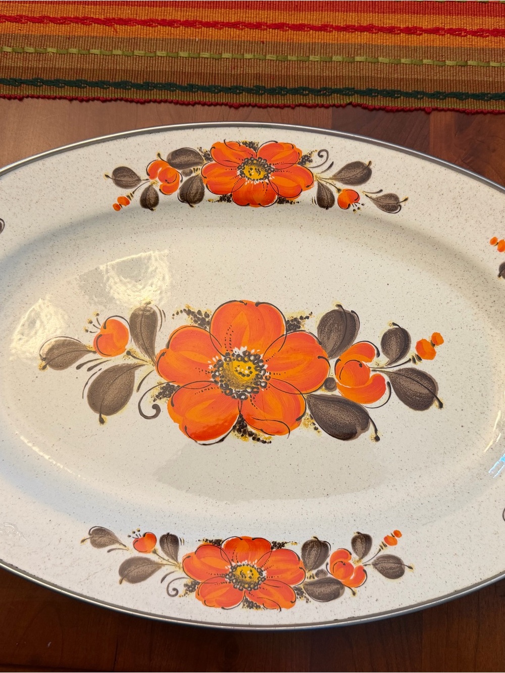 Vintage 1970s Sanko ware enamel Orange Floral Serving Platter -